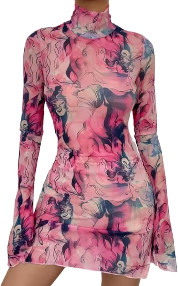 Women’s Floral Tie Dye Sheer Mesh Mini Dress Sexy Mock Neck Split Bodycon Flared Long Sleeve Beach Party Dress