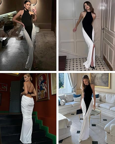 Women’s Sexy Front Slit Backless Maxi Dress Elegant Contrast Color Ruched Evening Gown Draped Formal Dresses