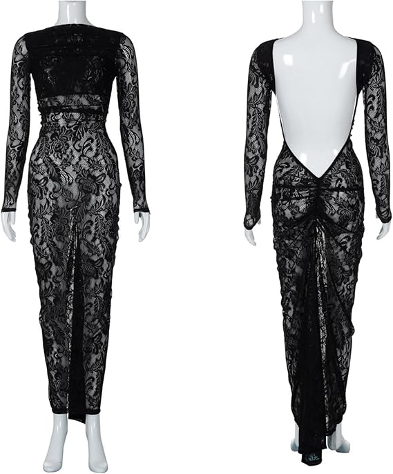 Women's See Through Lace Long Sleeve Maxi Dress Sexy Ruched Backless Bodycon Cocktail Dress Party Evening Gown