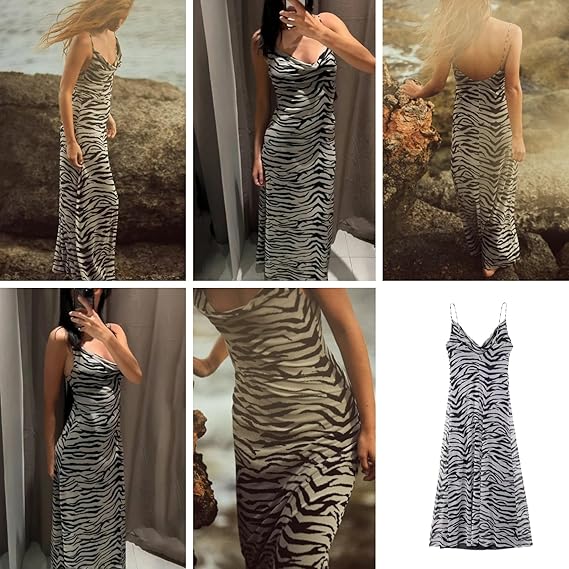 Women's Sexy Sleeveless Tulle Leopard Print Maxi Dress - Elegant Spaghetti Strap Backless Party Dress