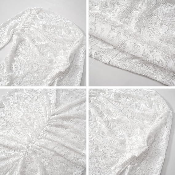 Women's See Through Lace Long Sleeve Maxi Dress Sexy Ruched Backless Bodycon Cocktail Dress Party Evening Gown