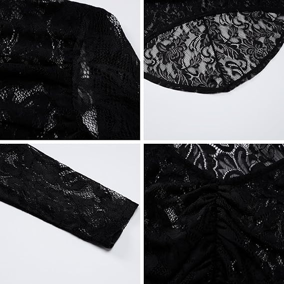 Women's See Through Lace Long Sleeve Maxi Dress Sexy Ruched Backless Bodycon Cocktail Dress Party Evening Gown