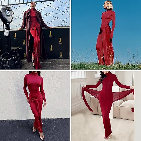Women's Sexy High Neck Long Sleeve Maxi Dress Elegant Tie Waist Bodycon Long Dress Cocktail Party Dress