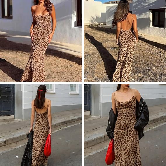 Women's Sexy Sleeveless Tulle Leopard Print Maxi Dress - Elegant Spaghetti Strap Backless Party Dress