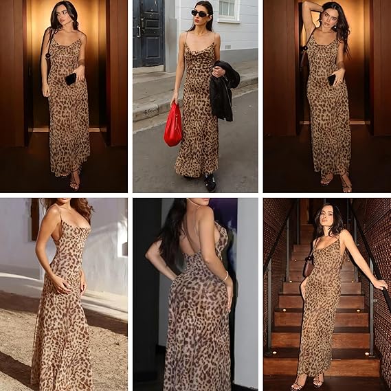 Women's Sexy Sleeveless Tulle Leopard Print Maxi Dress - Elegant Spaghetti Strap Backless Party Dress