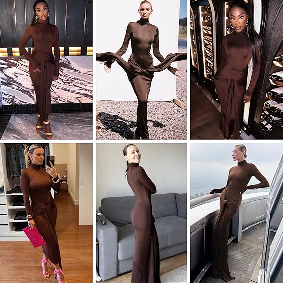 Women's Sexy High Neck Long Sleeve Maxi Dress Elegant Tie Waist Bodycon Long Dress Cocktail Party Dress