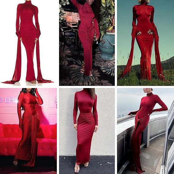 Women's Sexy High Neck Long Sleeve Maxi Dress Elegant Tie Waist Bodycon Long Dress Cocktail Party Dress