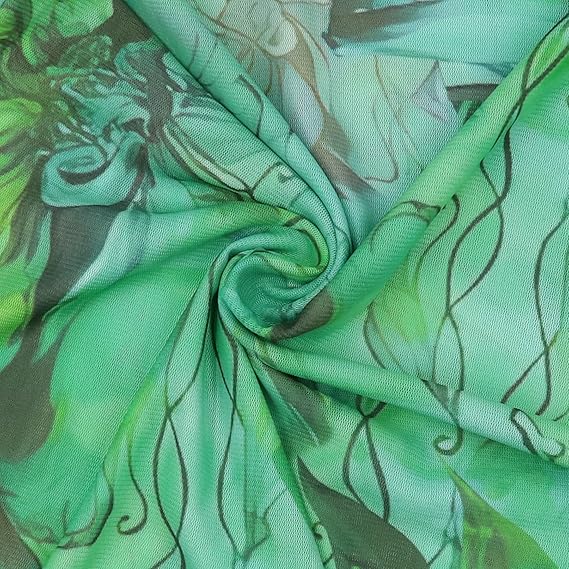 Women’s Floral Tie Dye Sheer Mesh Mini Dress Sexy Mock Neck Split Bodycon Flared Long Sleeve Beach Party Dress