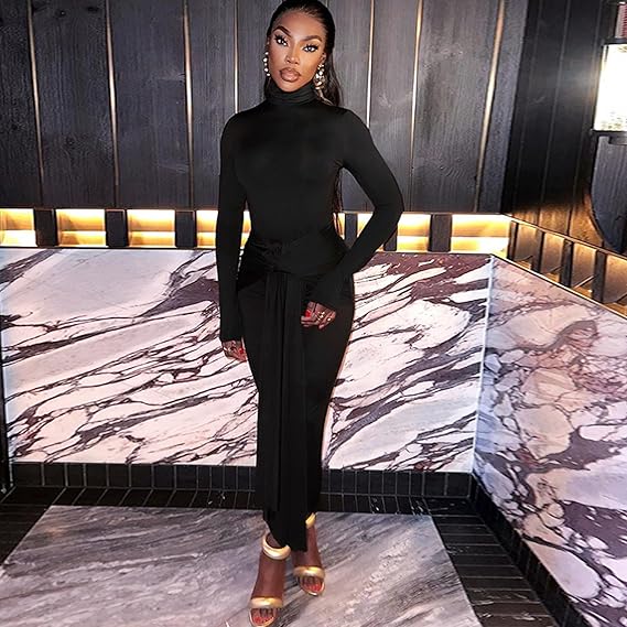 Women's Sexy High Neck Long Sleeve Maxi Dress Elegant Tie Waist Bodycon Long Dress Cocktail Party Dress