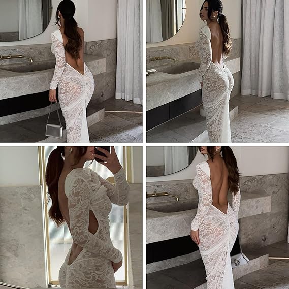 Women's See Through Lace Long Sleeve Maxi Dress Sexy Ruched Backless Bodycon Cocktail Dress Party Evening Gown