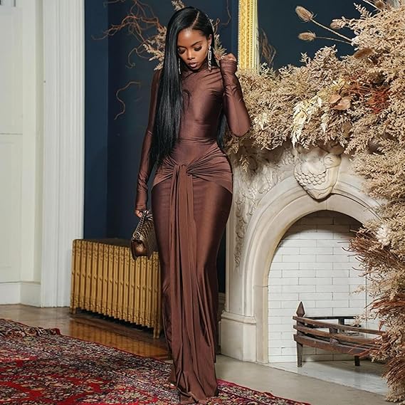 Women's Sexy High Neck Long Sleeve Maxi Dress Elegant Tie Waist Bodycon Long Dress Cocktail Party Dress