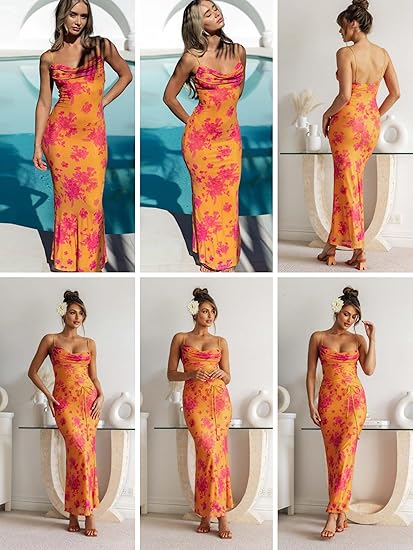 Women's Sleeveless Floral Maxi Dress Wedding Guest Dress Sexy Cowl Neck Lace Up Bodycon Dress Beach Party Dress