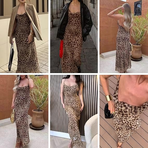 Women's Sexy Sleeveless Tulle Leopard Print Maxi Dress - Elegant Spaghetti Strap Backless Party Dress