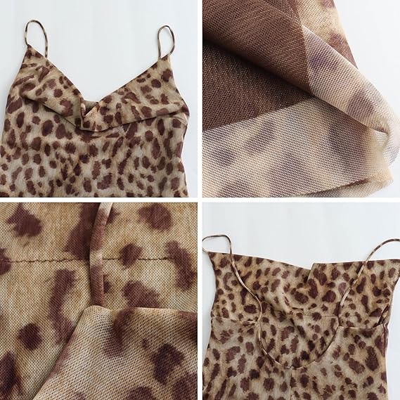 Women's Sexy Sleeveless Tulle Leopard Print Maxi Dress - Elegant Spaghetti Strap Backless Party Dress