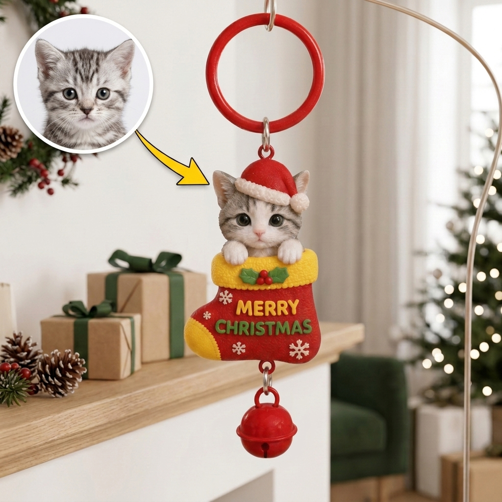 Custom Christmas Bell Keychain – 3D Cartoon Pet & Person