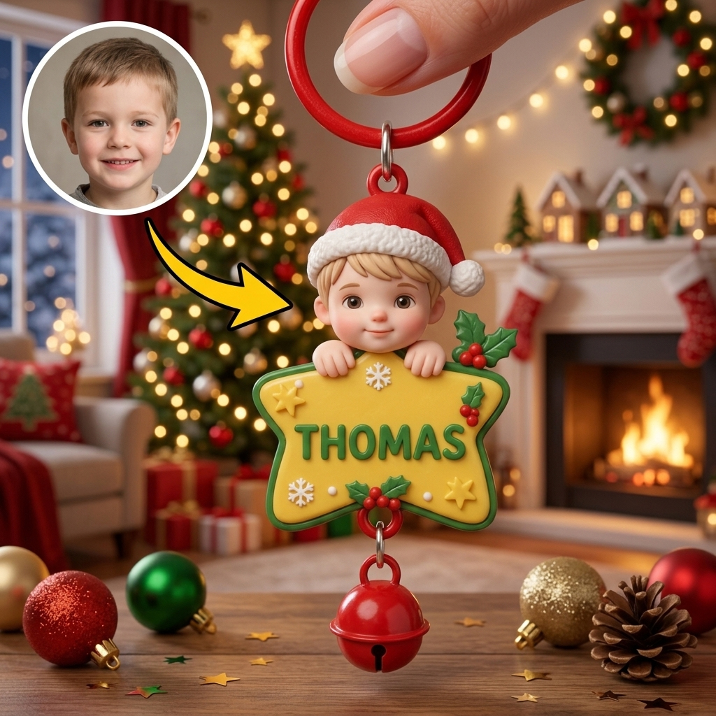 Custom Christmas Bell Keychain – 3D Cartoon Pet & Person
