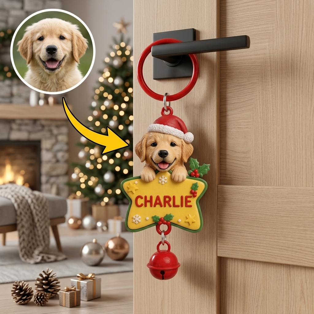 Custom Christmas Bell Keychain – 3D Cartoon Pet & Person