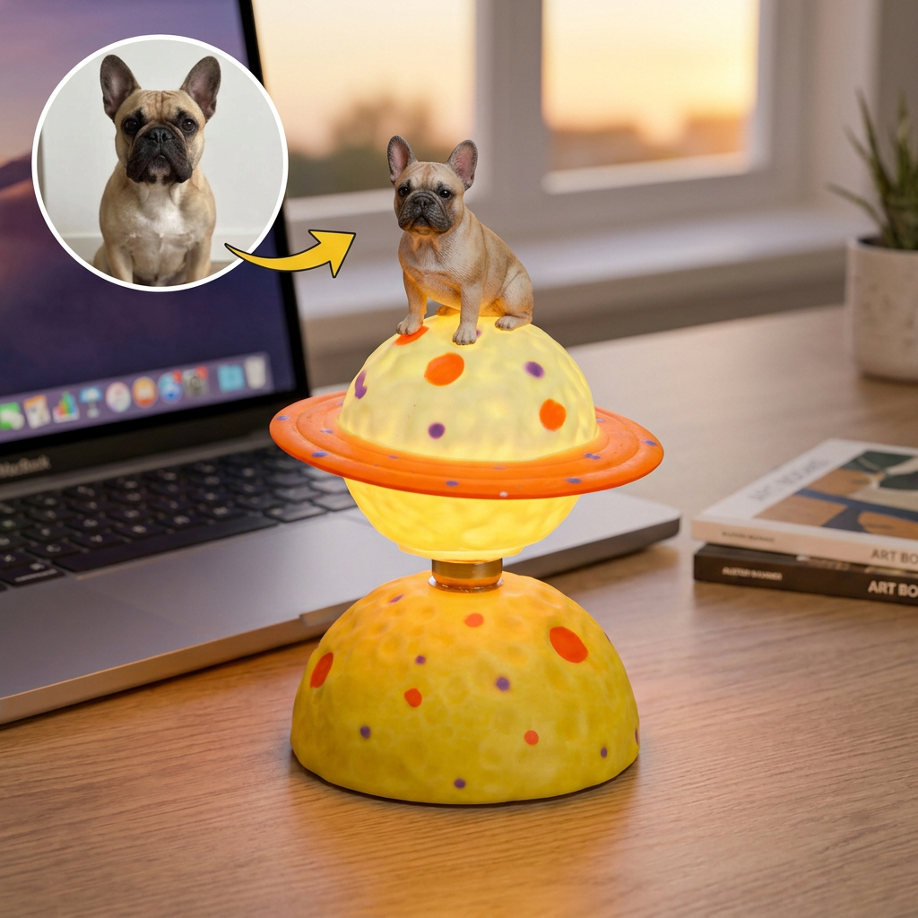 Custom 3D Pet with Planet Rotating Prnament, Desktop/Car Decor