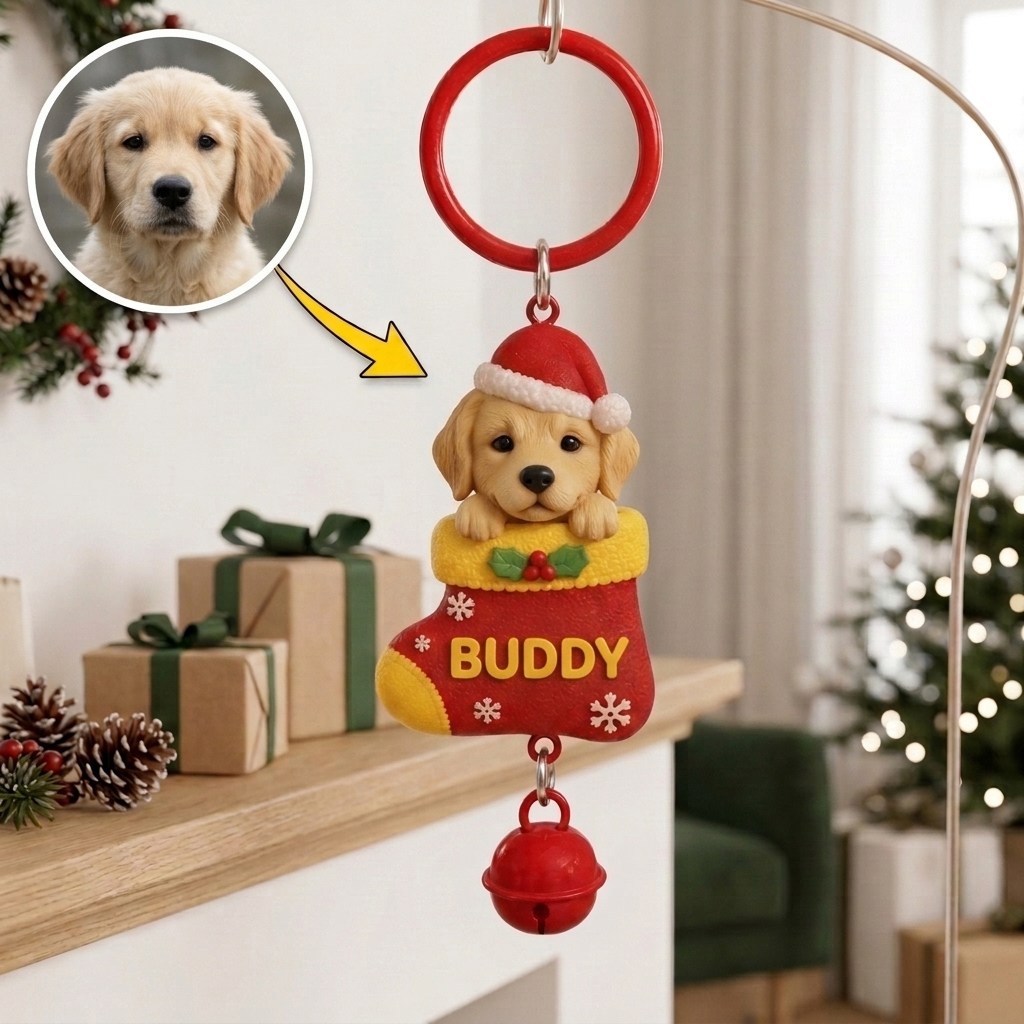 Custom Christmas Bell Keychain – 3D Cartoon Pet & Person