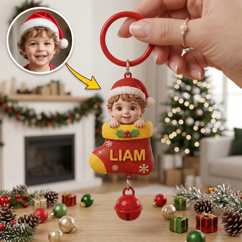 Custom Christmas Bell Keychain – 3D Cartoon Pet & Person