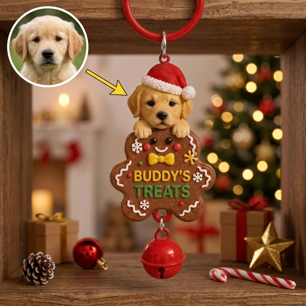 Custom Christmas Bell Keychain – 3D Cartoon Pet & Person