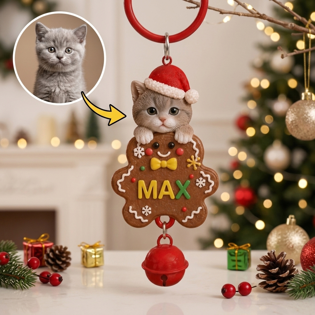 Custom Christmas Bell Keychain – 3D Cartoon Pet & Person