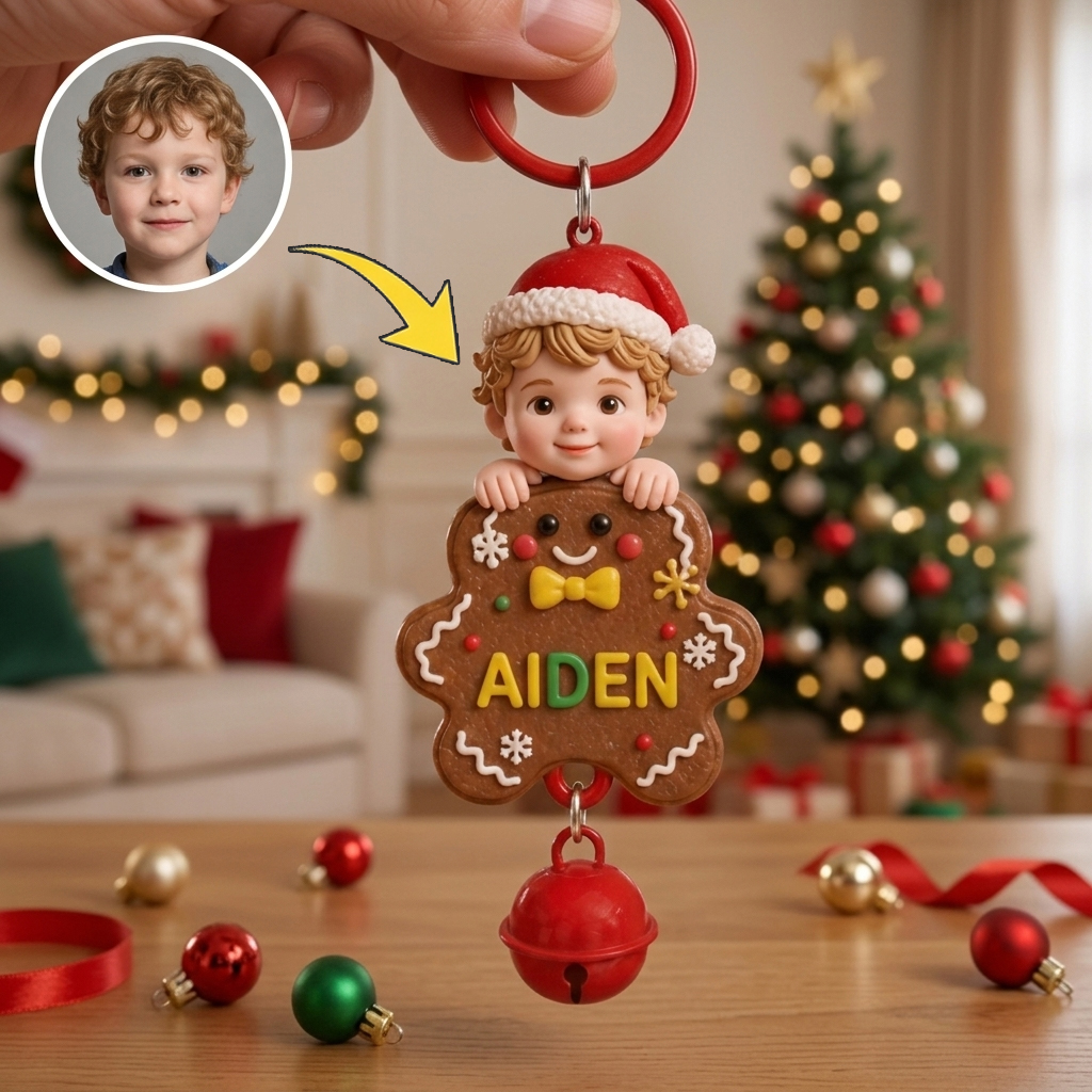 Custom Christmas Bell Keychain – 3D Cartoon Pet & Person