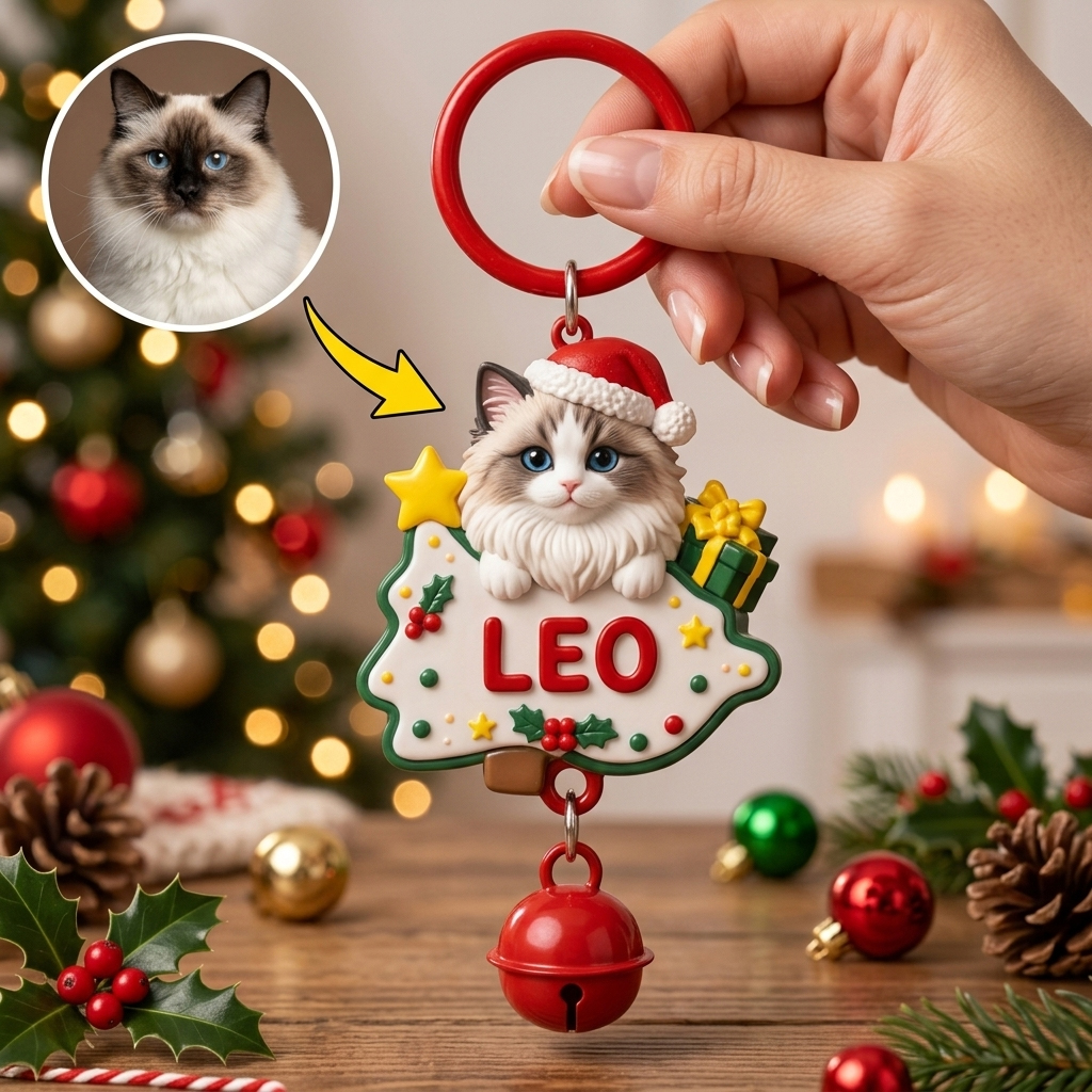 Custom Christmas Bell Keychain – 3D Cartoon Pet & Person