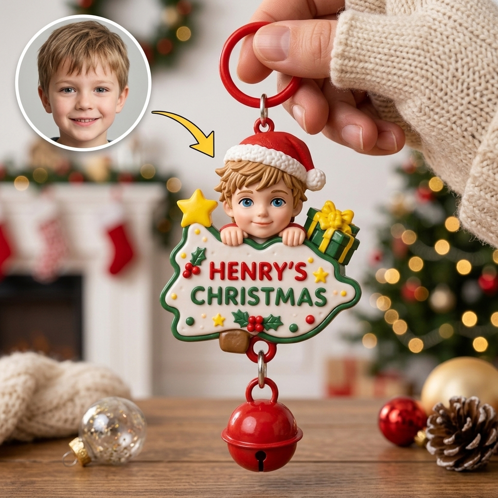 Custom Christmas Bell Keychain – 3D Cartoon Pet & Person