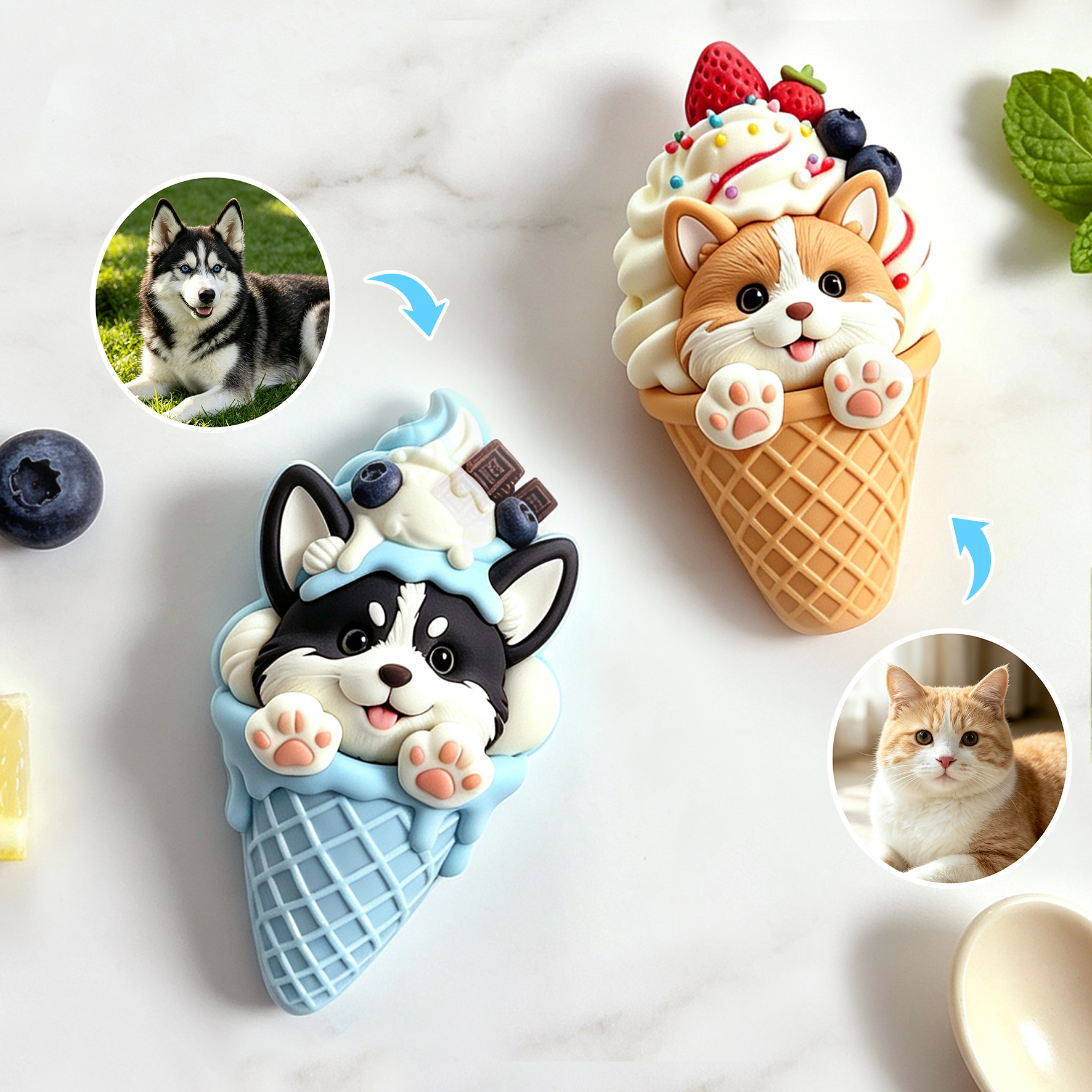 Custom 3D Relief Cartoon Fridge Magnet | Customizable with Pet Photos | Personalized 3D Printed Ice Cream Pet Refrigerator Magnets
