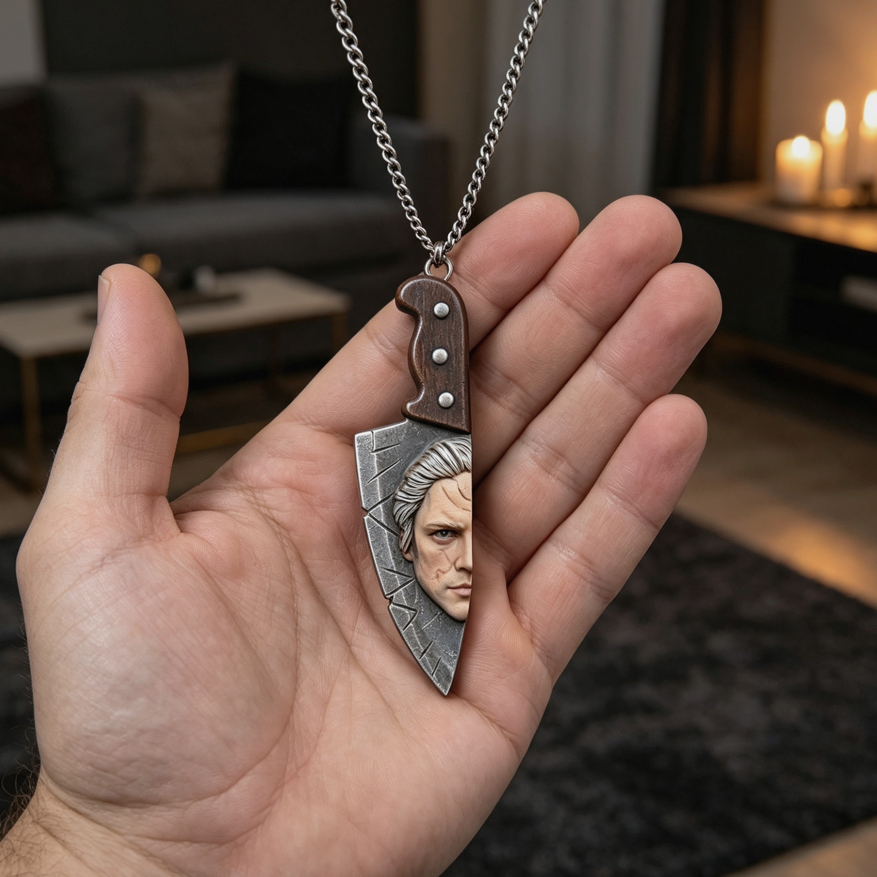 Personalized 3D Portrait Halloween Necklace | Custom Photo Ornament | Half A Relief Face on the Knife Necklace | Halloween Car Ornaments Decoration Gift for Her/Him