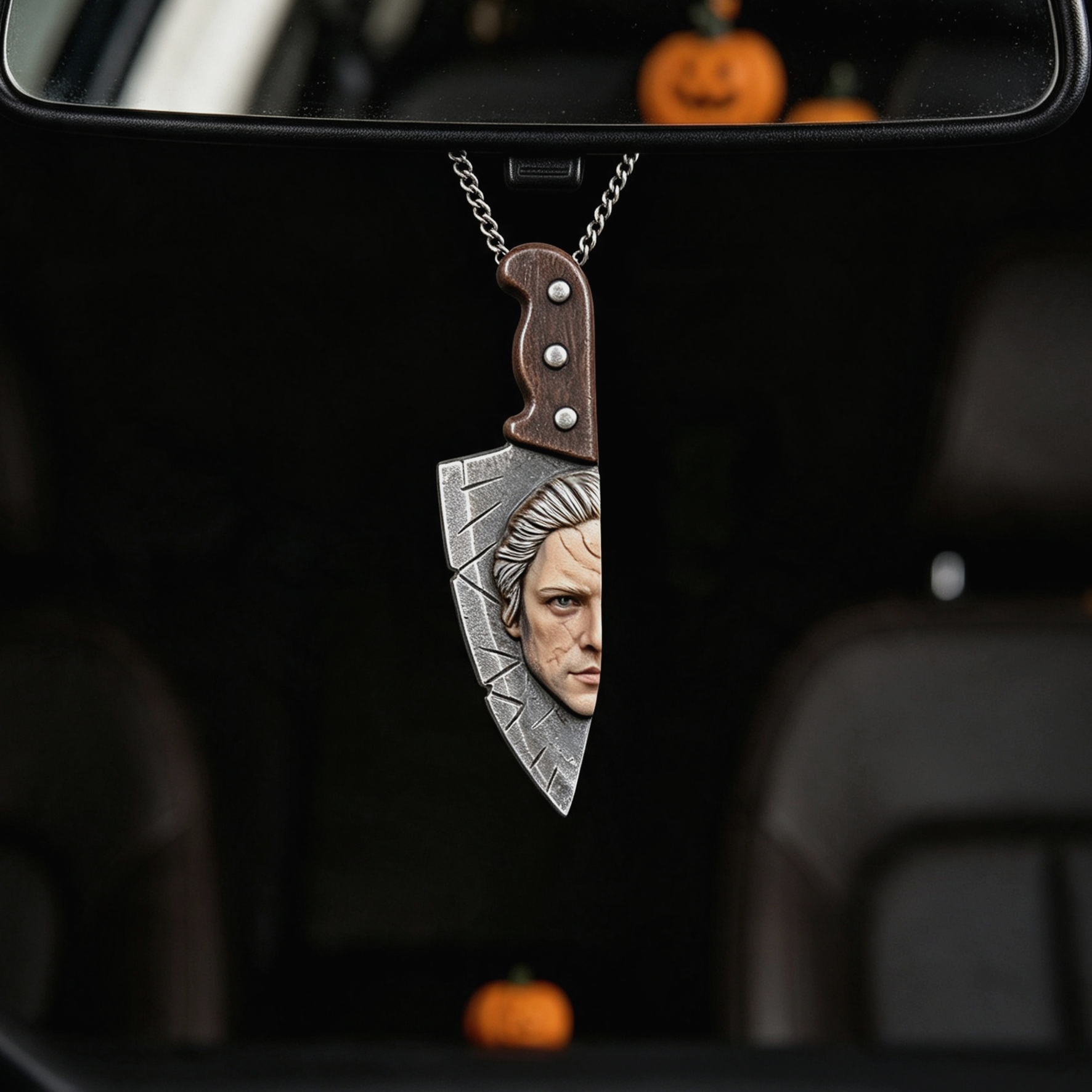 Personalized 3D Portrait Halloween Necklace | Custom Photo Ornament | Half A Relief Face on the Knife Necklace | Halloween Car Ornaments Decoration Gift for Her/Him