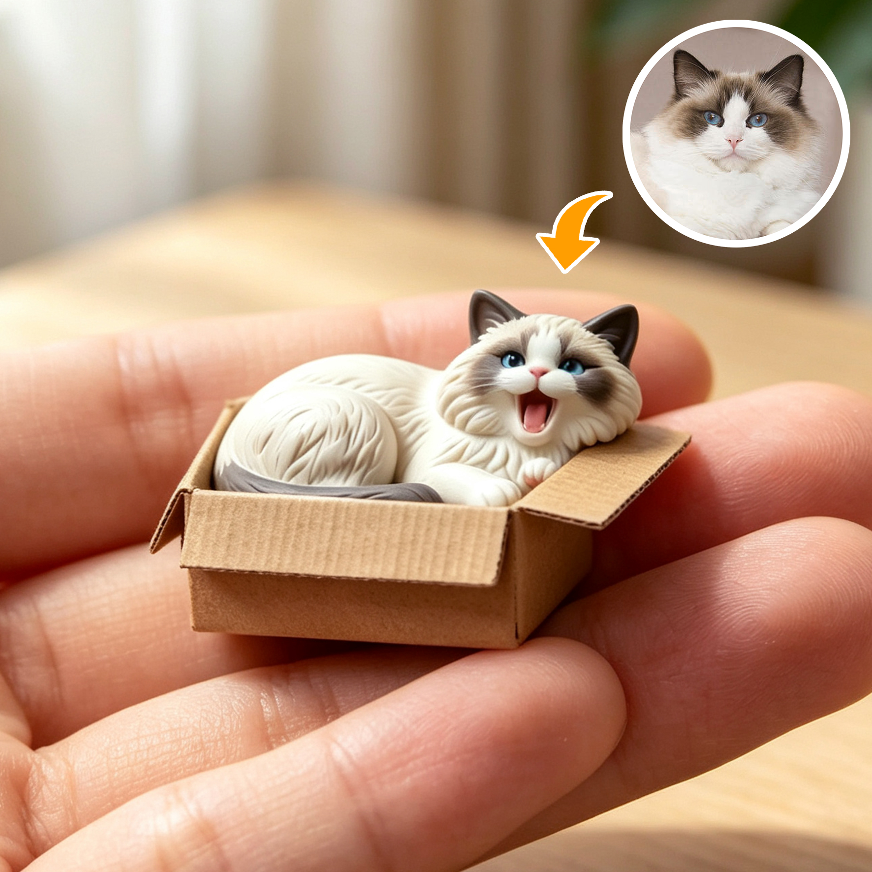 Cute 3D Custom Mini Ornaments of Characters or Pets | Made of resin, Cat in cardboard box, compatible with cars and offices, multi-purpose for dashboard/desktop/hanging, cartoon theme.