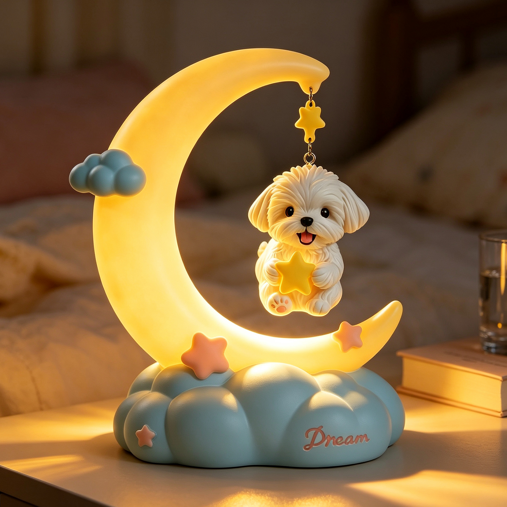 Cute 3D Printed Custom Pet with Moon Night Light | Mini Ornaments of Characters or Pets | Made of resin | Cartoon Theme | Children's Room Decoration Gift
