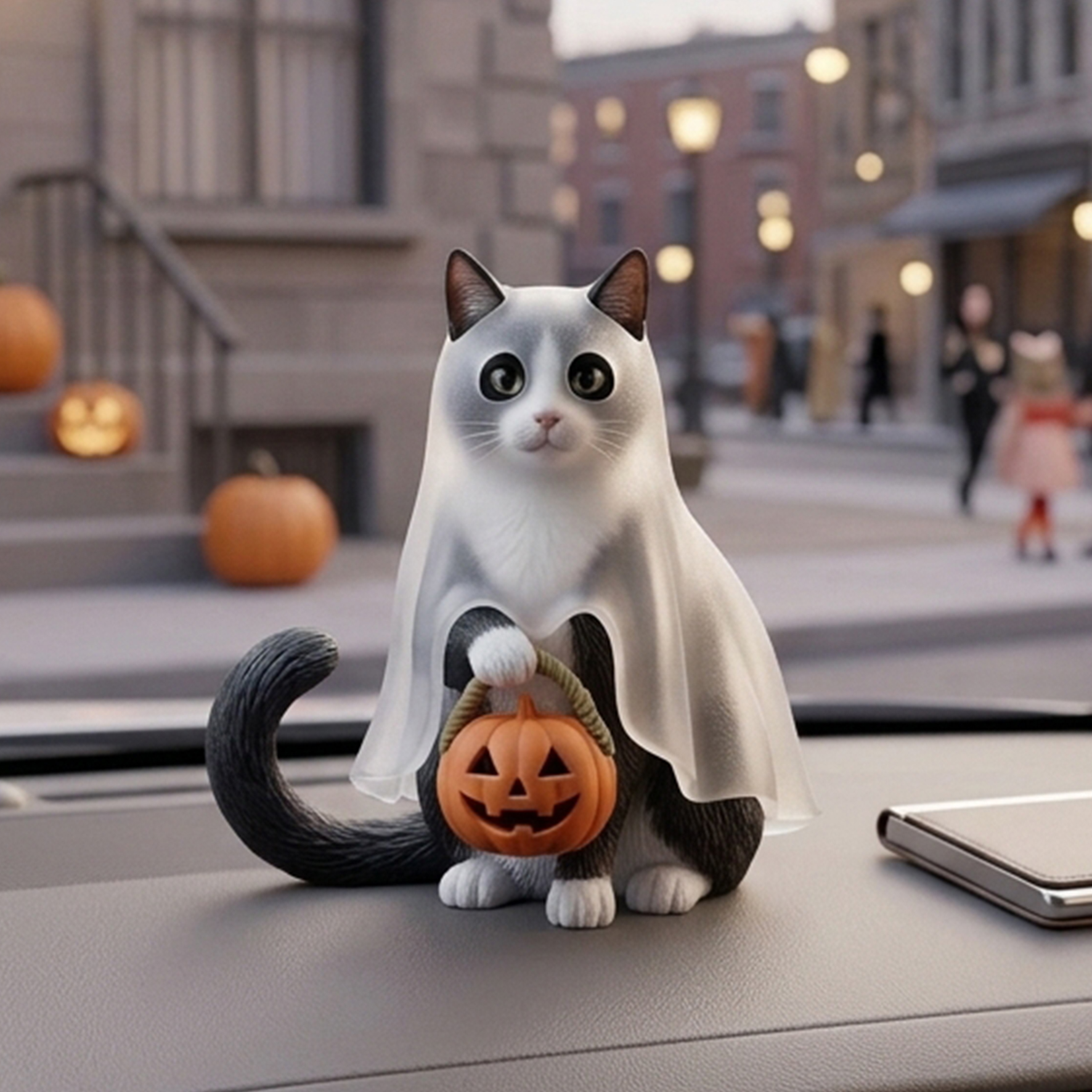 Cute 3D Printed Custom Halloween Pet with Pumpkin Figurine | Personalized Mini Car Ornament of Pets | Pets Halloween Decor | Made of resin | Dogs Cats Halloween Gift