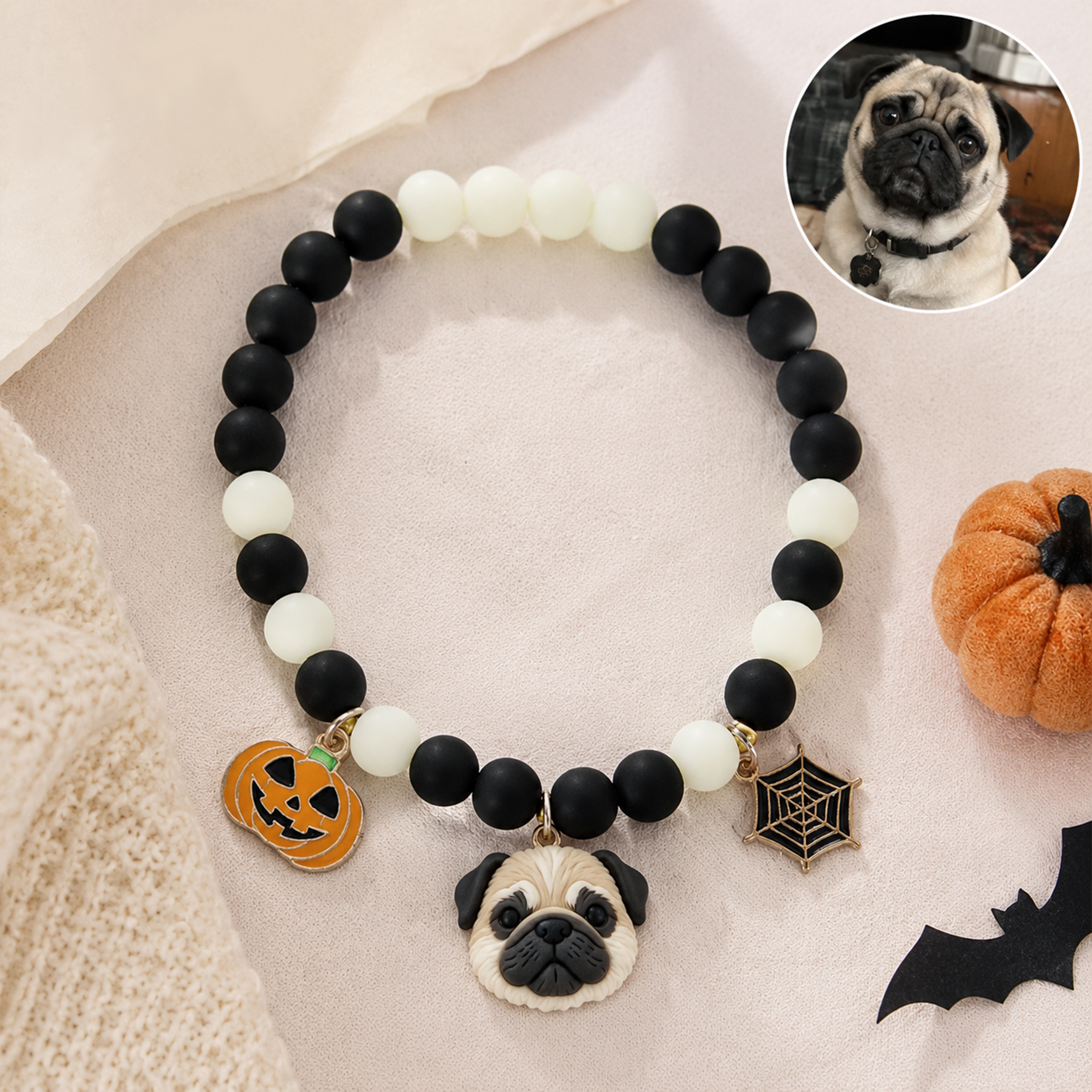 Personalized beaded 3D pet portrait collar, Customizable elastic dog cat pet Halloween collar with bat/pumpkin, Pet keepsake, Commemorative gifts for pet lovers.