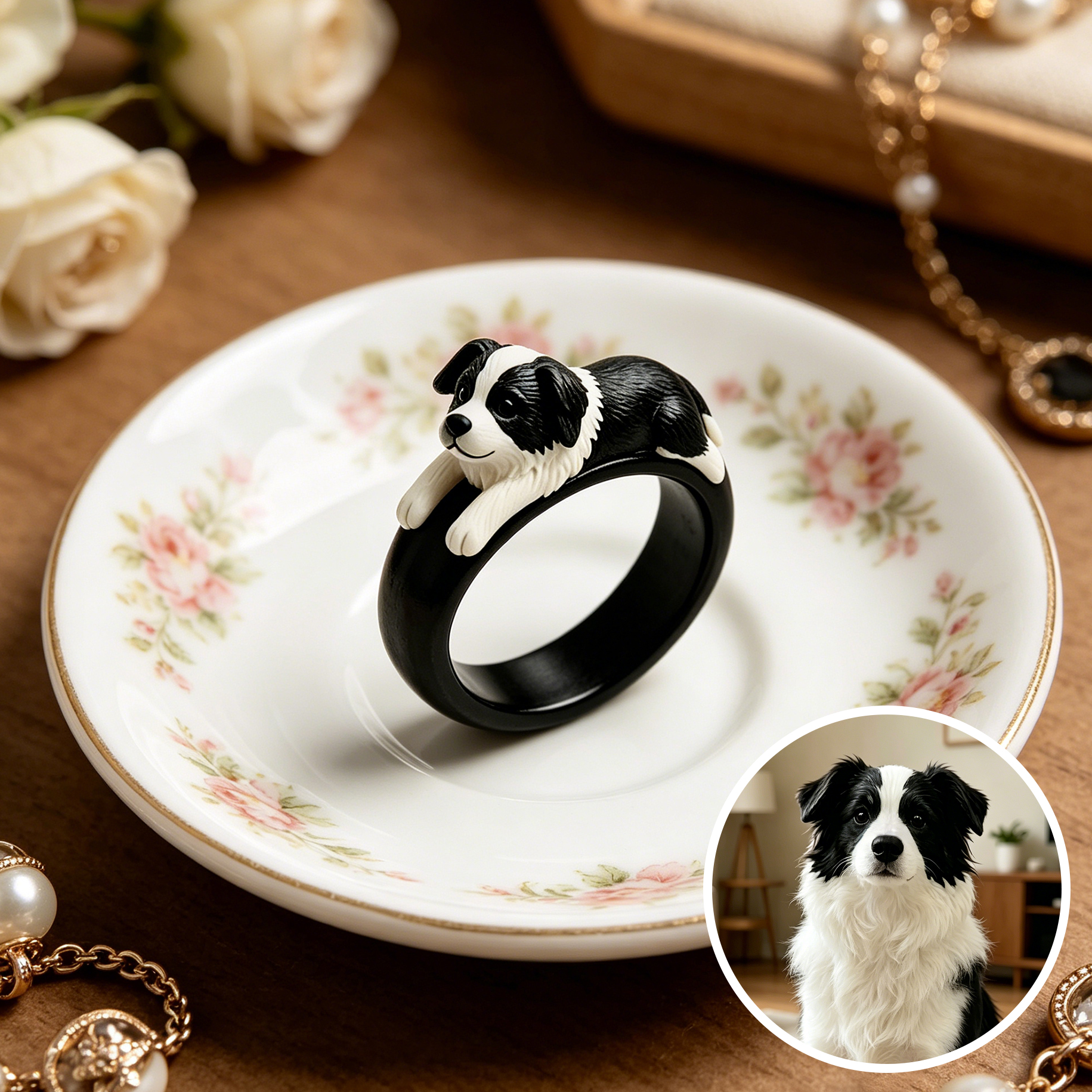 Customized 3D pet portrait rings, personalized 3D pet portrait rings, commemorative gifts for pet lovers.
