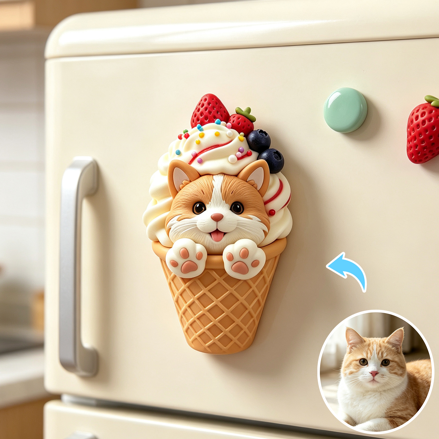 Custom 3D Relief Cartoon Fridge Magnet | Customizable with Pet Photos | Personalized 3D Printed Ice Cream Pet Refrigerator Magnets