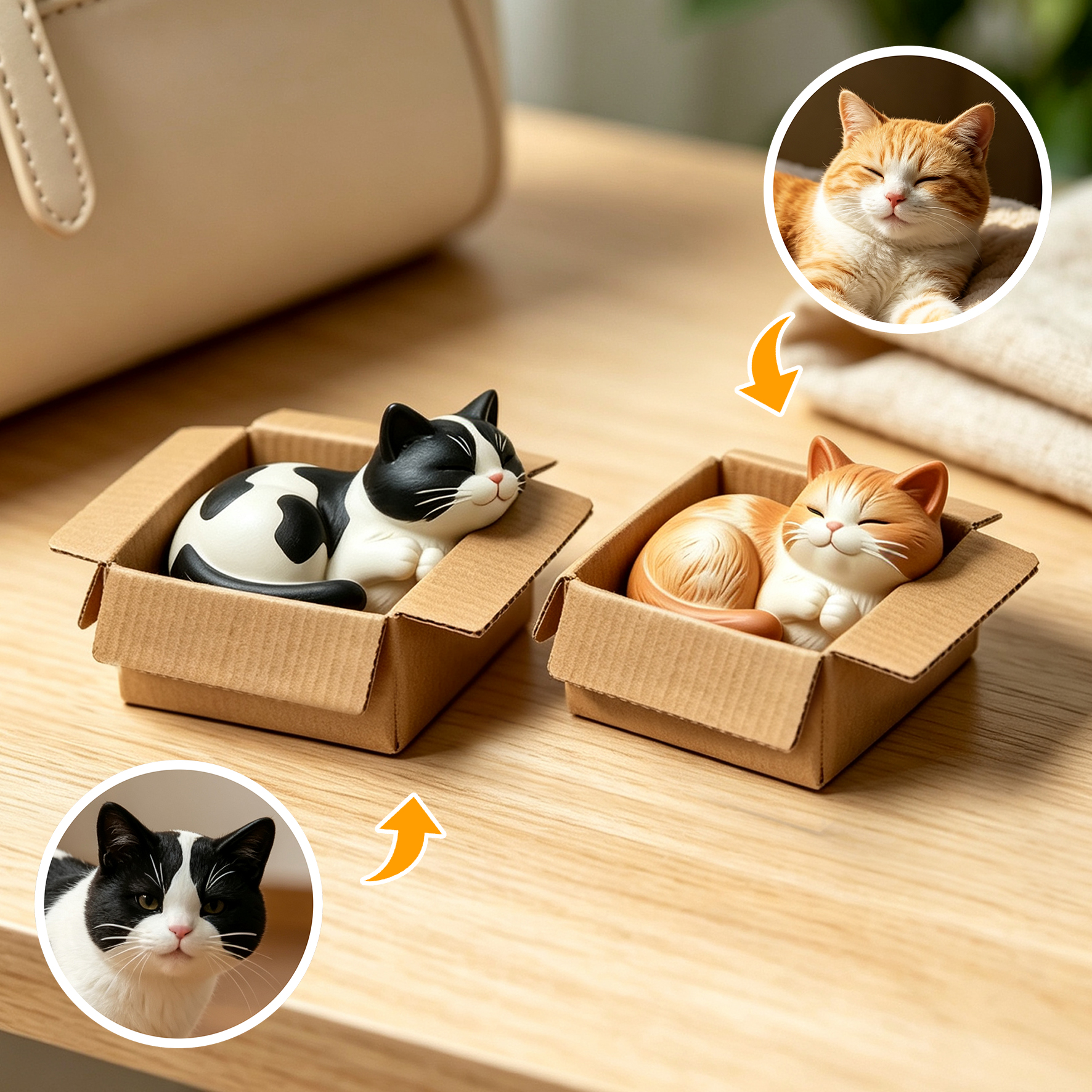 Cute 3D Custom Mini Ornaments of Characters or Pets | Made of resin, Cat in cardboard box, compatible with cars and offices, multi-purpose for dashboard/desktop/hanging, cartoon theme.