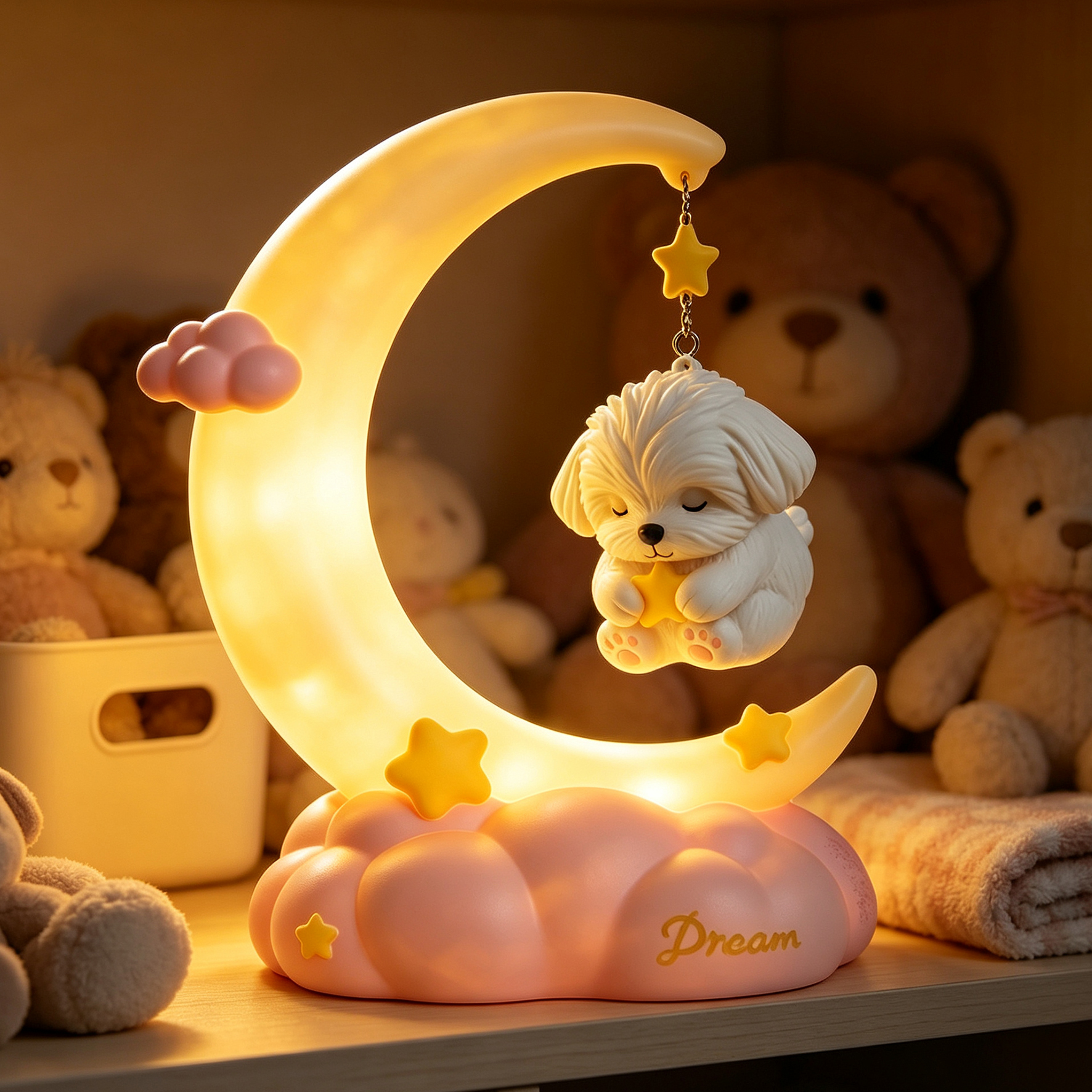 Cute 3D Printed Custom Pet with Moon Night Light | Mini Ornaments of Characters or Pets | Made of resin | Cartoon Theme | Children's Room Decoration Gift