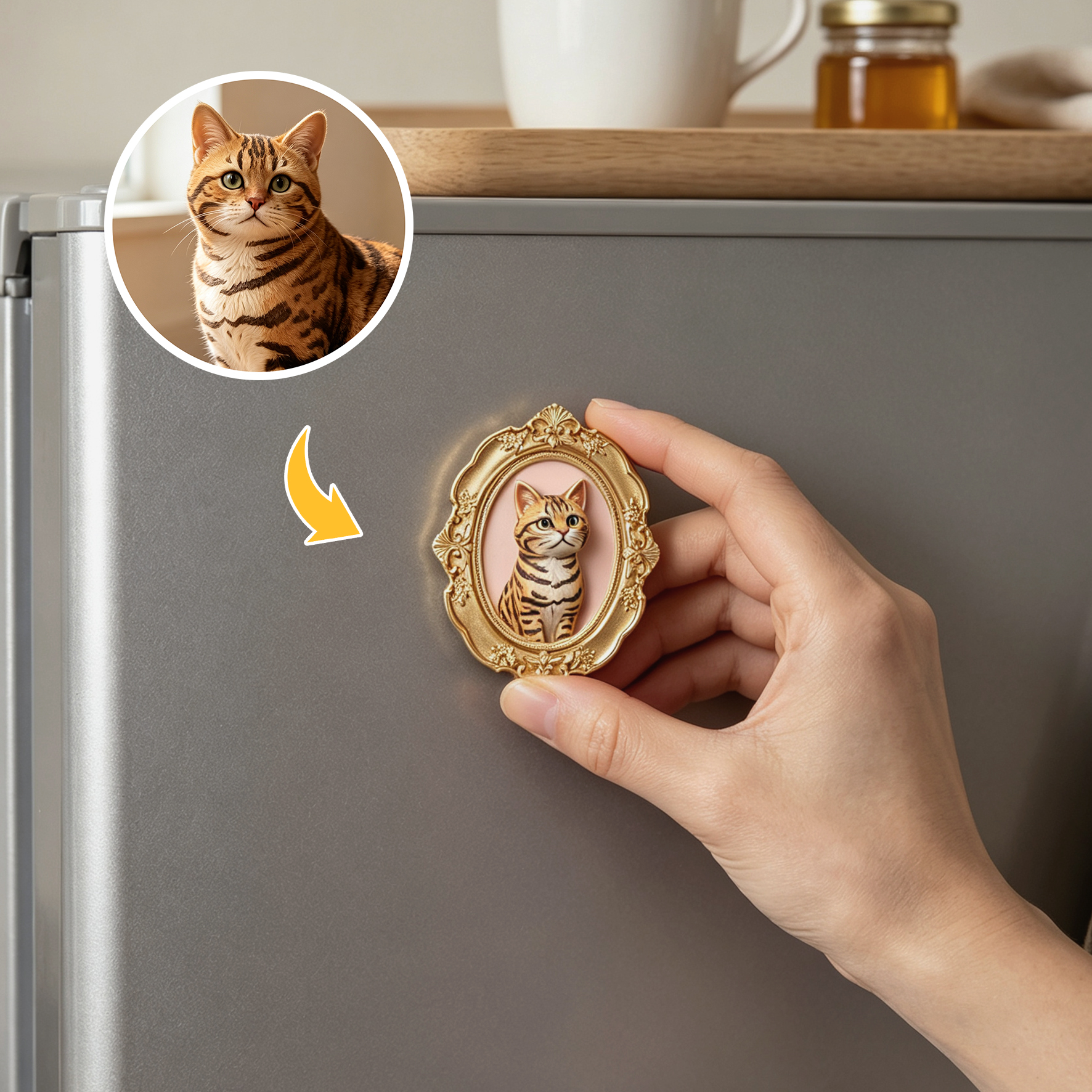 Custom 3D Relief Cartoon Fridge Magnet | Customizable with Pet Photos | Personalized 3D Printed Pet Portrait in A Vintage Photo Frames  | Pet Loss | Pet Lover Present