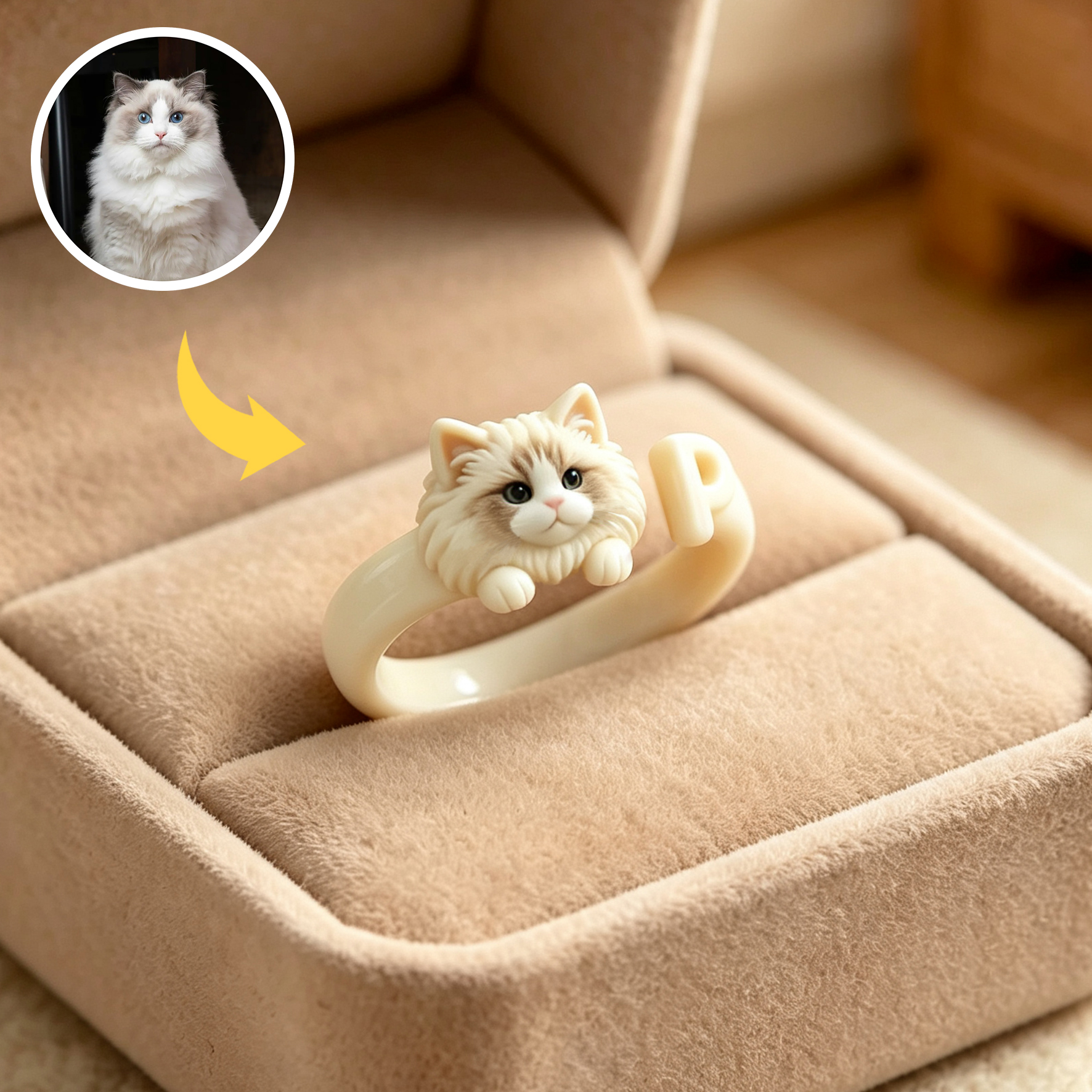 Customized 3D pet portrait rings, personalized 3D pet portrait rings, commemorative gifts for pet lovers.
