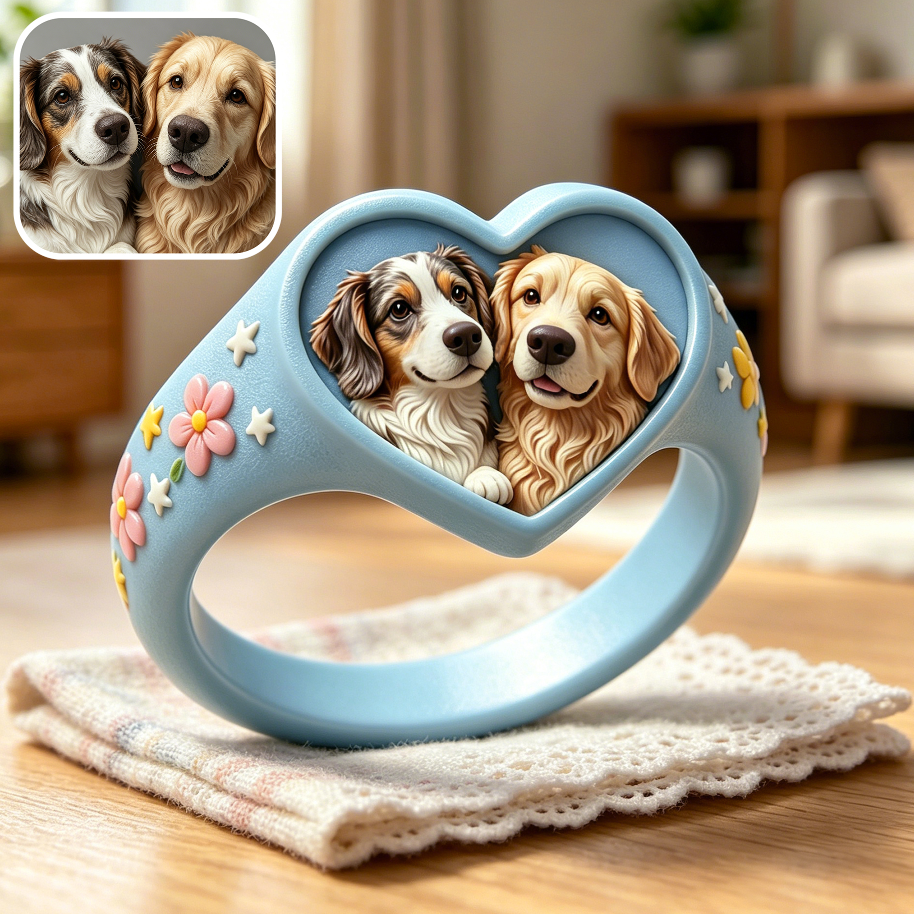 Customized 3D pet portrait rings, personalized 3D pet portrait rings, commemorative gifts for pet lovers.