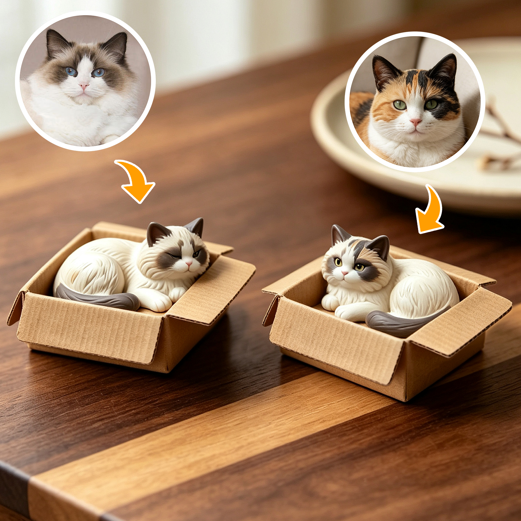 Cute 3D Custom Mini Ornaments of Characters or Pets | Made of resin, Cat in cardboard box, compatible with cars and offices, multi-purpose for dashboard/desktop/hanging, cartoon theme.