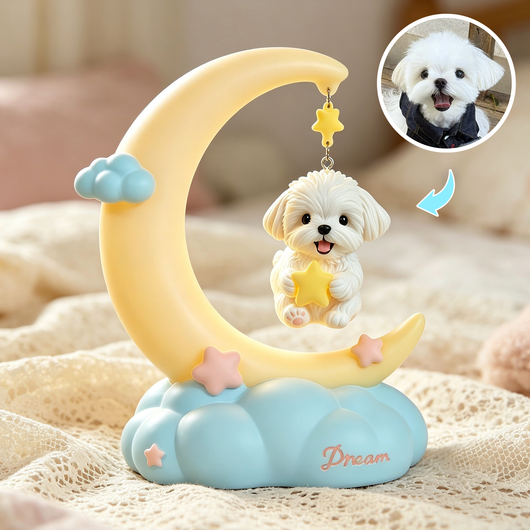 Cute 3D Printed Custom Pet with Moon Night Light | Mini Ornaments of Characters or Pets | Made of resin | Cartoon Theme | Children's Room Decoration Gift