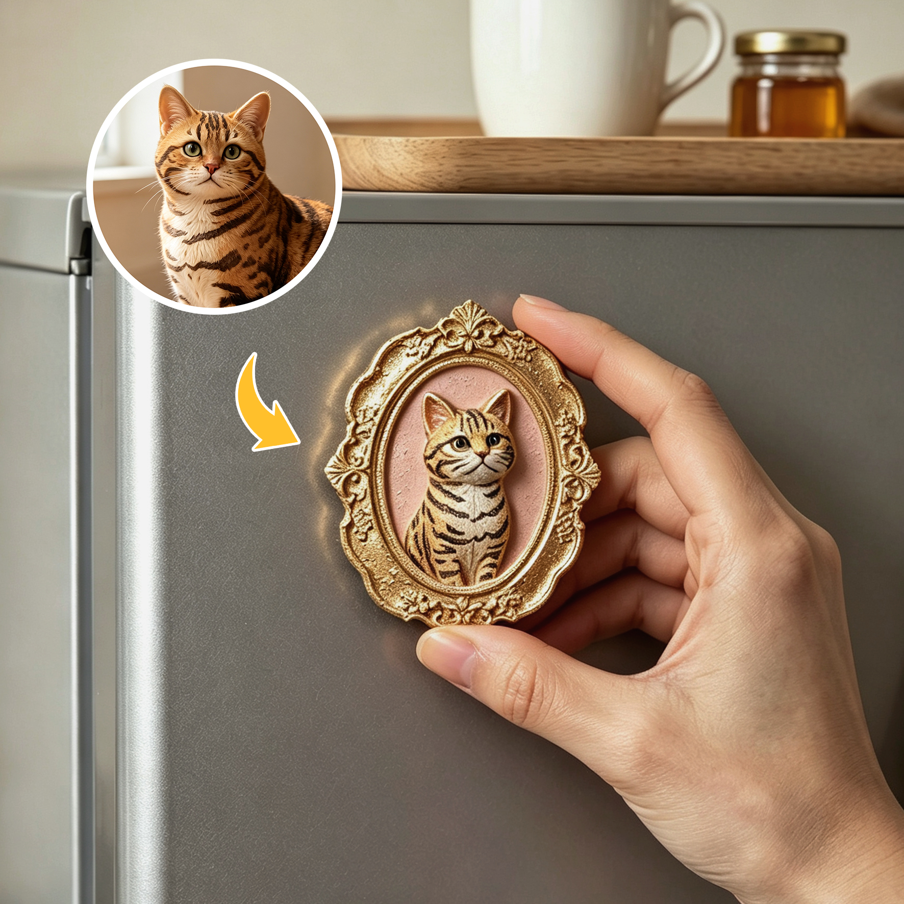 Custom 3D Relief Cartoon Fridge Magnet | Customizable with Pet Photos | Personalized 3D Printed Pet Portrait in A Vintage Photo Frames  | Pet Loss | Pet Lover Present
