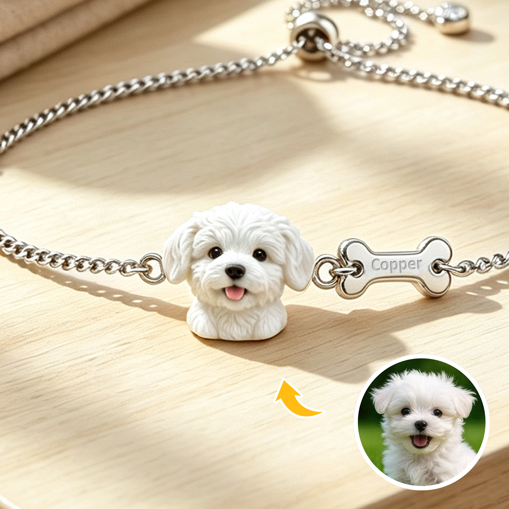 Custom Pet Portrait Bracelet – Personalized 3D Dog Head Bracelet, Memorial Pet Lover Gift, Dog Head with Bone Bracelet