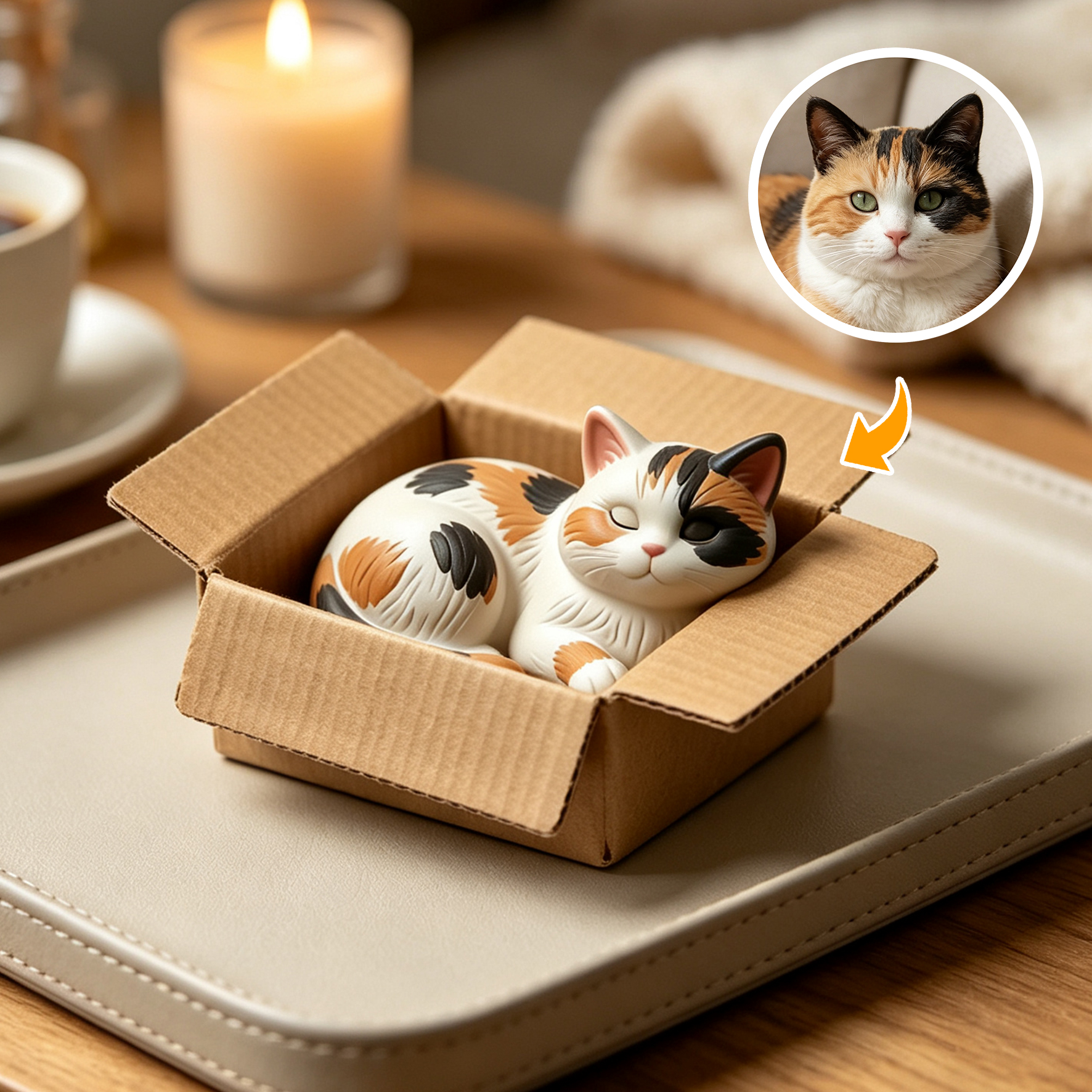 Cute 3D Custom Mini Ornaments of Characters or Pets | Made of resin, Cat in cardboard box, compatible with cars and offices, multi-purpose for dashboard/desktop/hanging, cartoon theme.