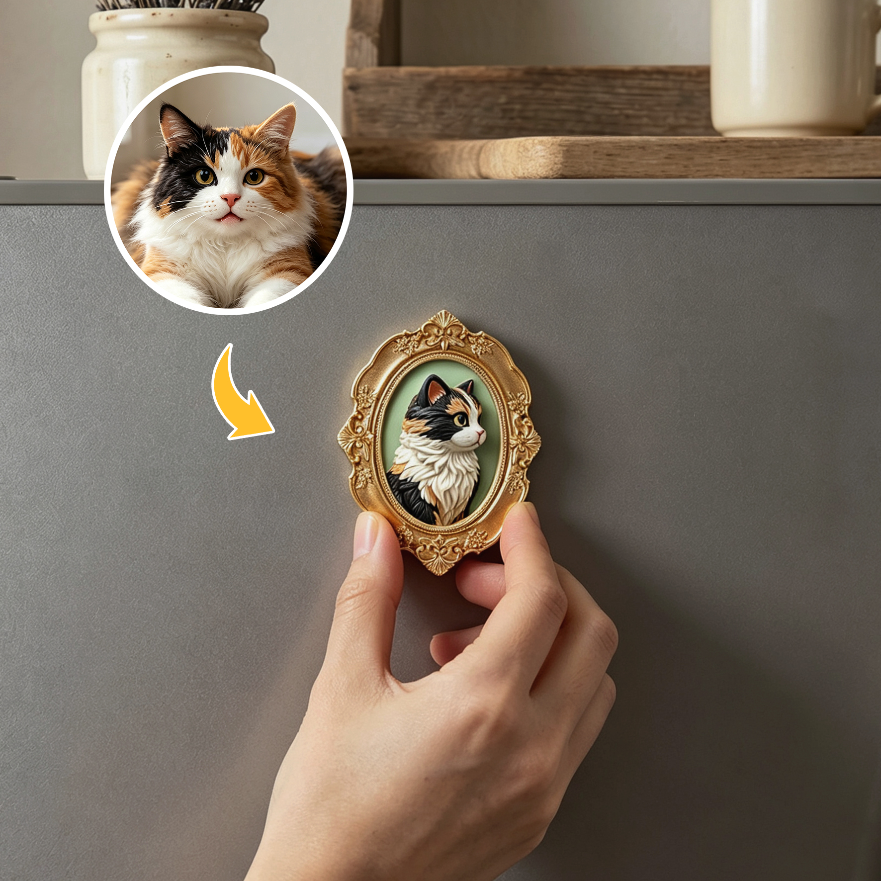 Custom 3D Relief Cartoon Fridge Magnet | Customizable with Pet Photos | Personalized 3D Printed Pet Portrait in A Vintage Photo Frames  | Pet Loss | Pet Lover Present