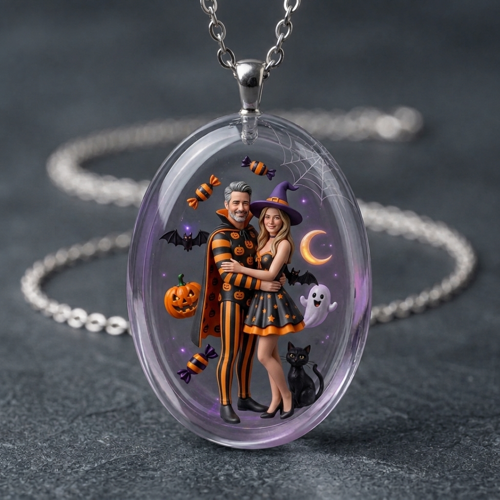 Custom personalized miniature figurine necklace / transparent resin pendant.